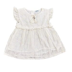 Mayoral white Eyelet lace blouse crochet trim, tassel & fringe lined Spain sz 7